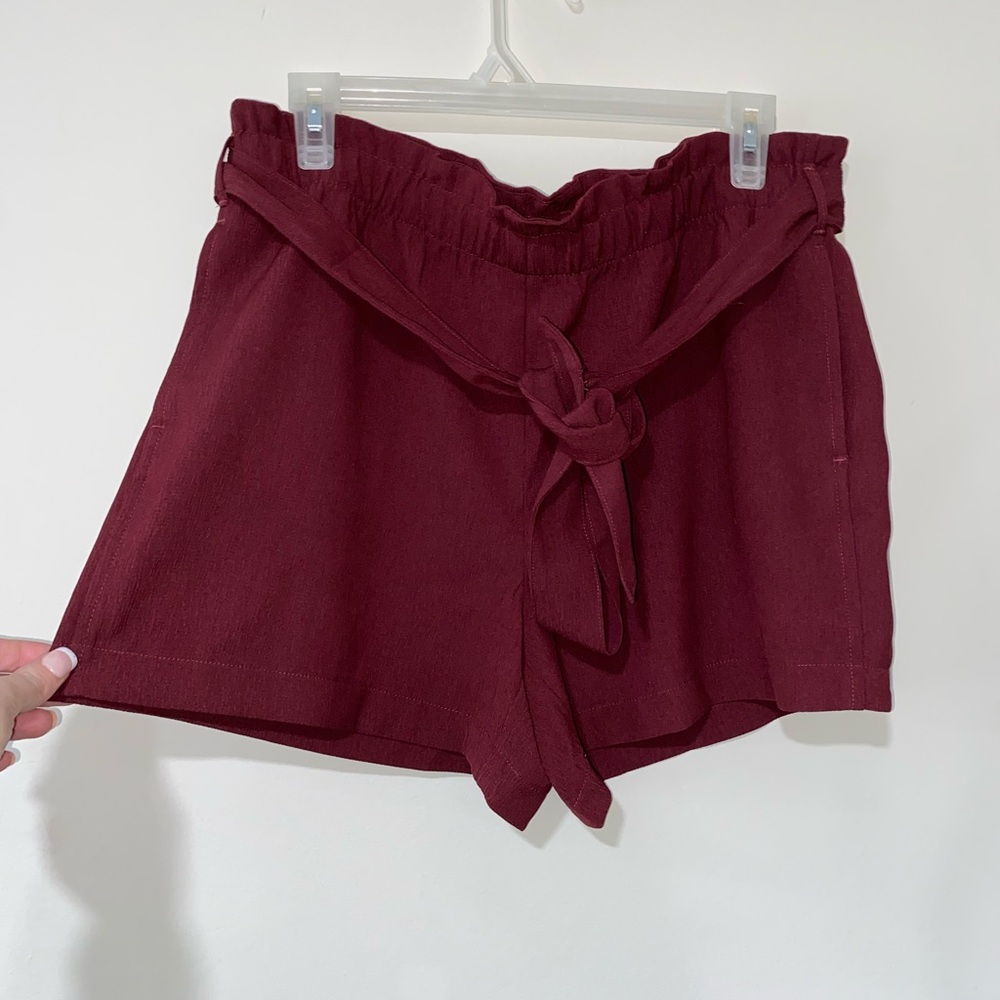 LOFT Burgundy High Waist Paper Bag Tie Shorts